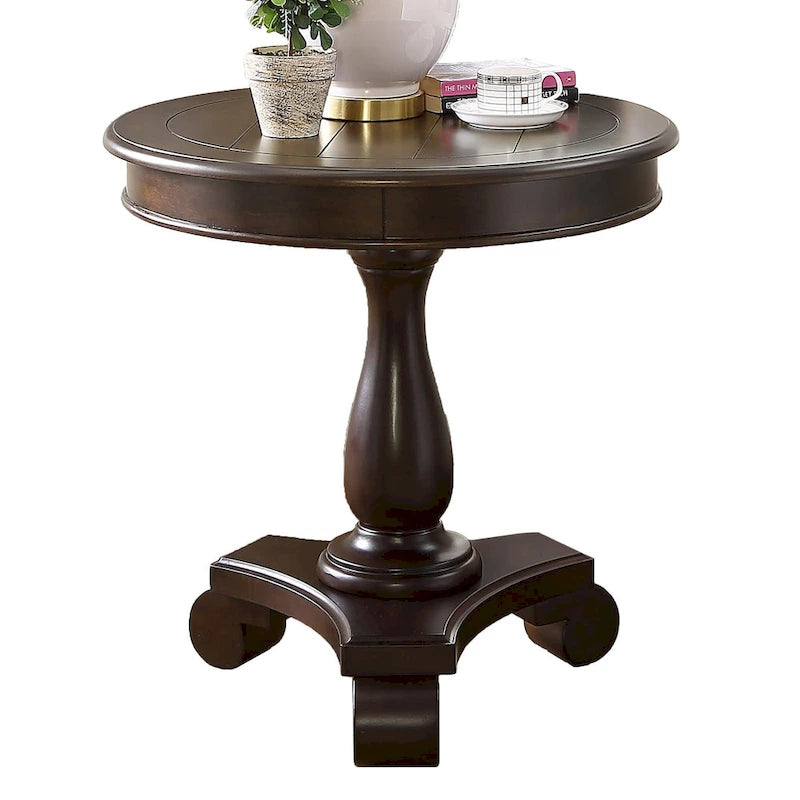 Round Wood Pedestal End Table with Scrolled Legs