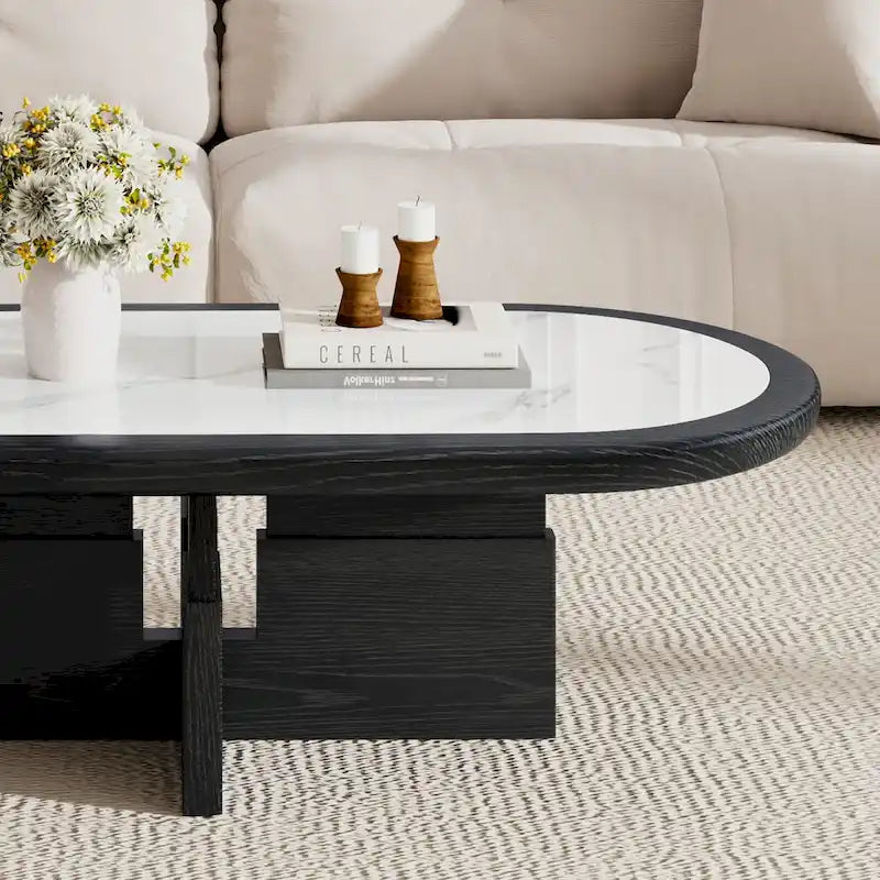 Mid Century 47.24 Oval Coffee Table, Black Solid Wood Veneer with White Glossy Sintered Stone Table top