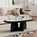 Mid Century 47.24 Oval Coffee Table, Black Solid Wood Veneer with White Glossy Sintered Stone Table top
