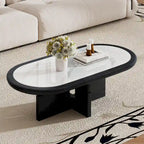 Mid Century 47.24 Oval Coffee Table, Black Solid Wood Veneer with White Glossy Sintered Stone Table top