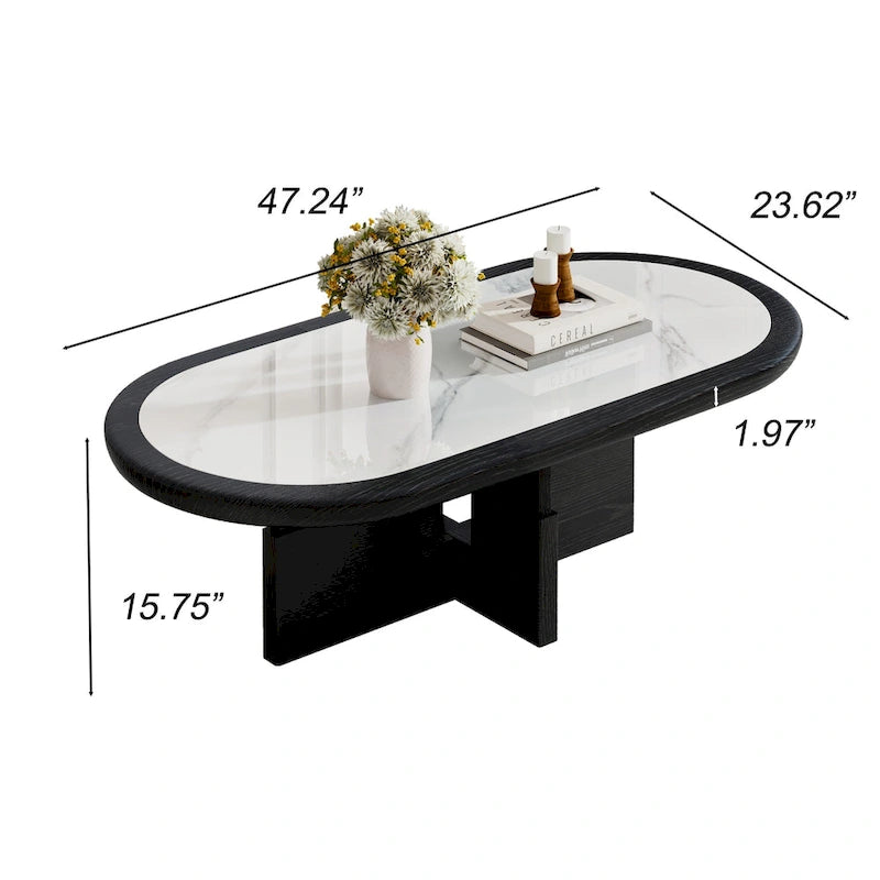 Mid Century 47.24 Oval Coffee Table, Black Solid Wood Veneer with White Glossy Sintered Stone Table top