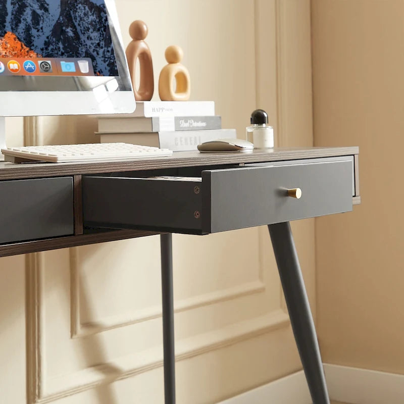 Mid Century Writing Study Desk with 3 Storage Drawers and Walnut Finish for Home Office and Bedroom or Study