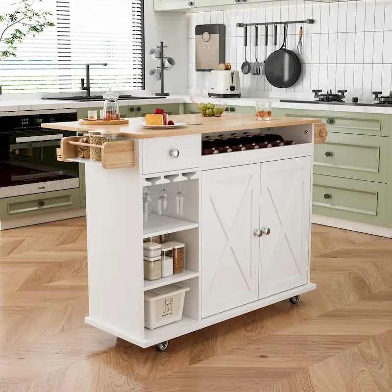 44 W Kitchen Island Cart With Storage, Rolling Side Table On Wheels With Drop Leaf, Wine Rack, Spice Rack, Glass Holder