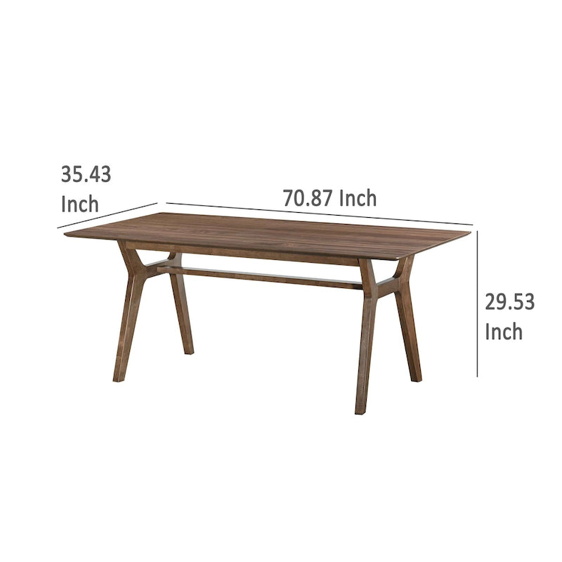 Dining Table, 71 Inch, Retro Angled Legs, Brown Solid Rubberwood
