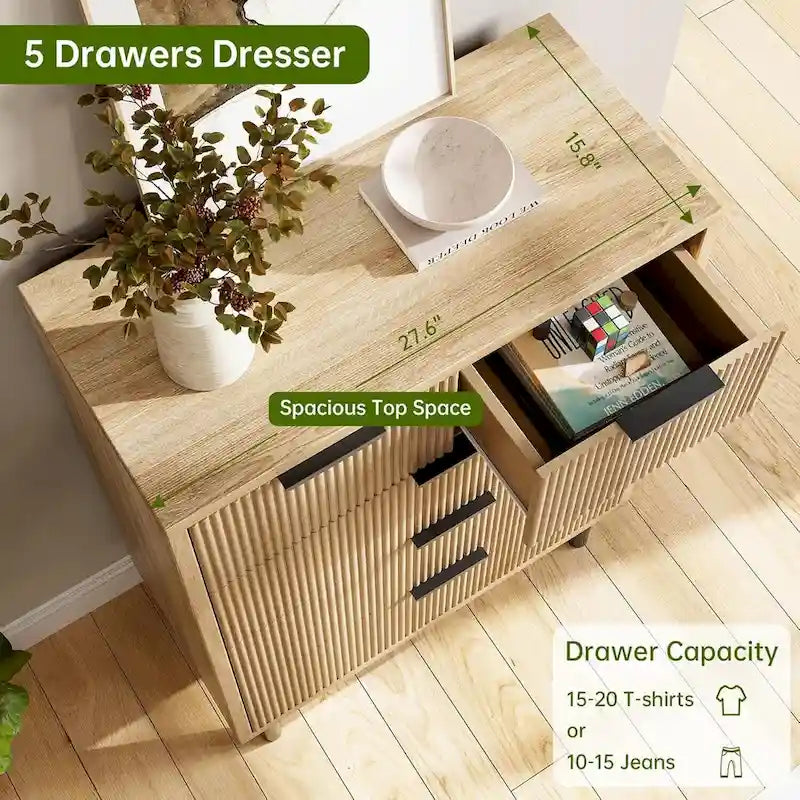 Fluted 5 Drawer Dresser for Bedroom Hallway Entryway