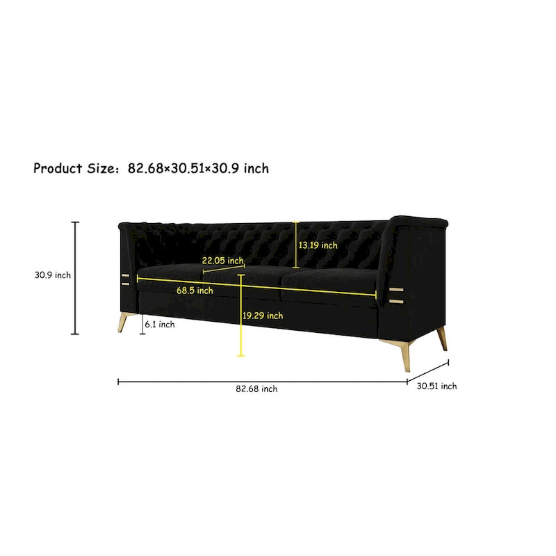 82 Velvet 3 Seater Chesterfield Sofa Couch with Gold Metal Legs, High Rebound Sponge and Removable Cushions
