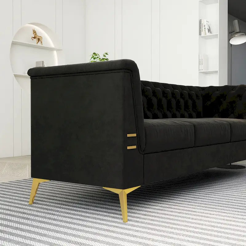 82 Velvet 3 Seater Chesterfield Sofa Couch with Gold Metal Legs, High Rebound Sponge and Removable Cushions