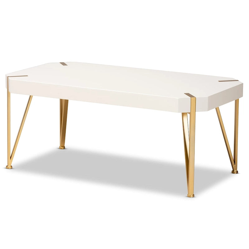 Glam Brushed Gold Metal and White Finished Wood Coffee Table