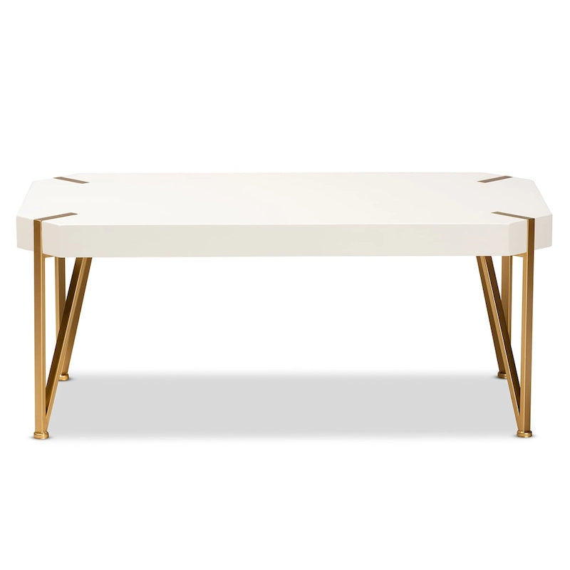Glam Brushed Gold Metal and White Finished Wood Coffee Table
