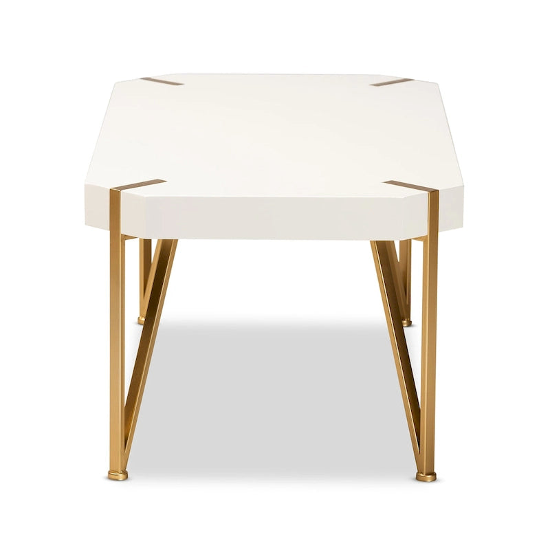 Glam Brushed Gold Metal and White Finished Wood Coffee Table