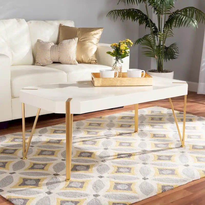 Glam Brushed Gold Metal and White Finished Wood Coffee Table