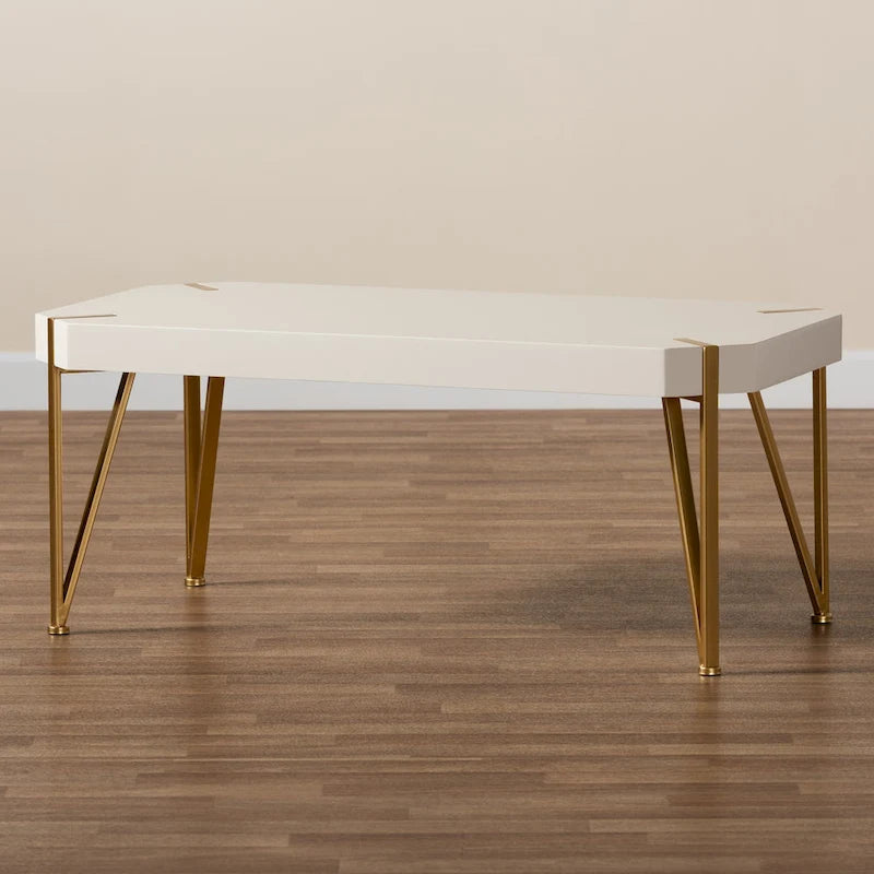 Glam Brushed Gold Metal and White Finished Wood Coffee Table