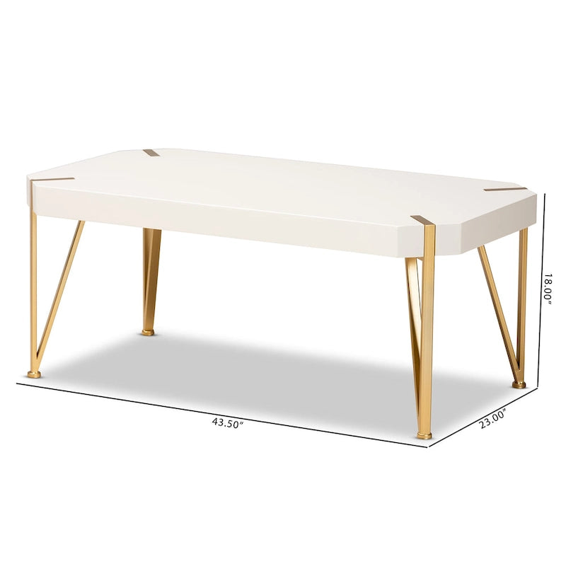 Glam Brushed Gold Metal and White Finished Wood Coffee Table