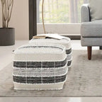 Boho Square Pouf in White, Beige, Black Polystyrene Filling