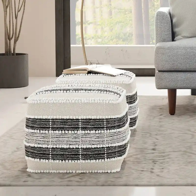 Boho Square Pouf in White, Beige, Black Polystyrene Filling