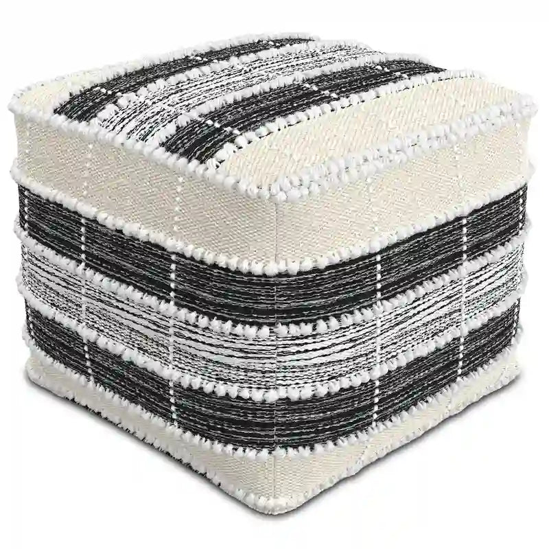 Boho Square Pouf in White, Beige, Black Polystyrene Filling