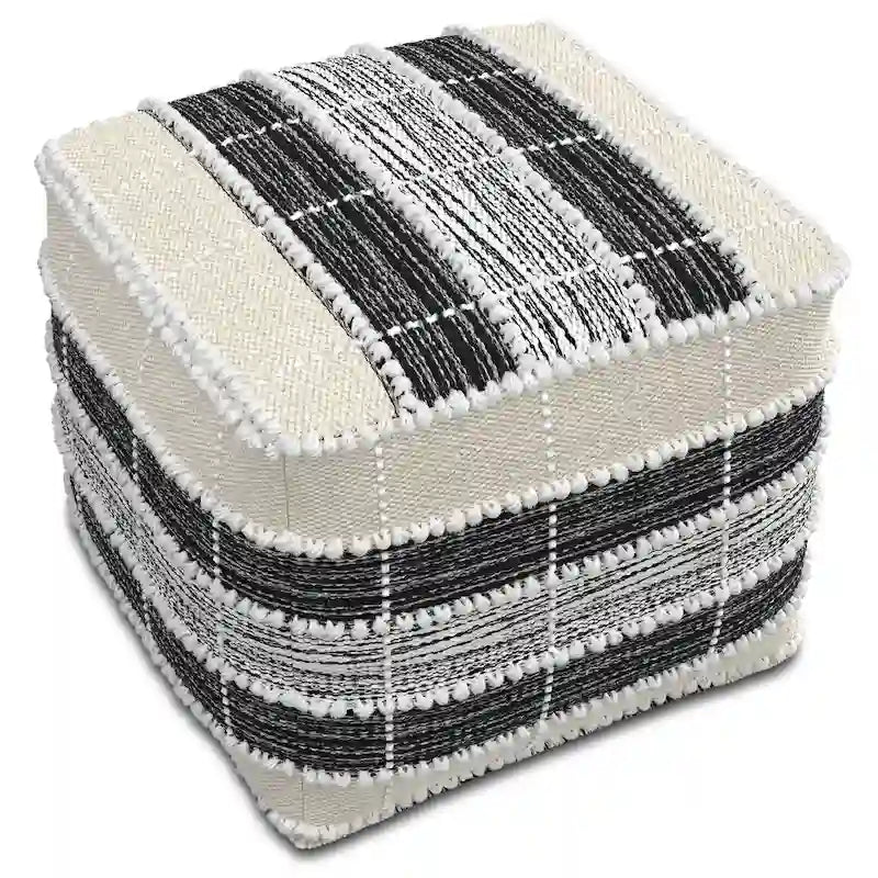 Boho Square Pouf in White, Beige, Black Polystyrene Filling