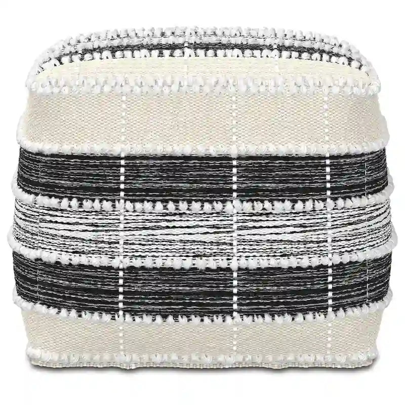 Boho Square Pouf in White, Beige, Black Polystyrene Filling