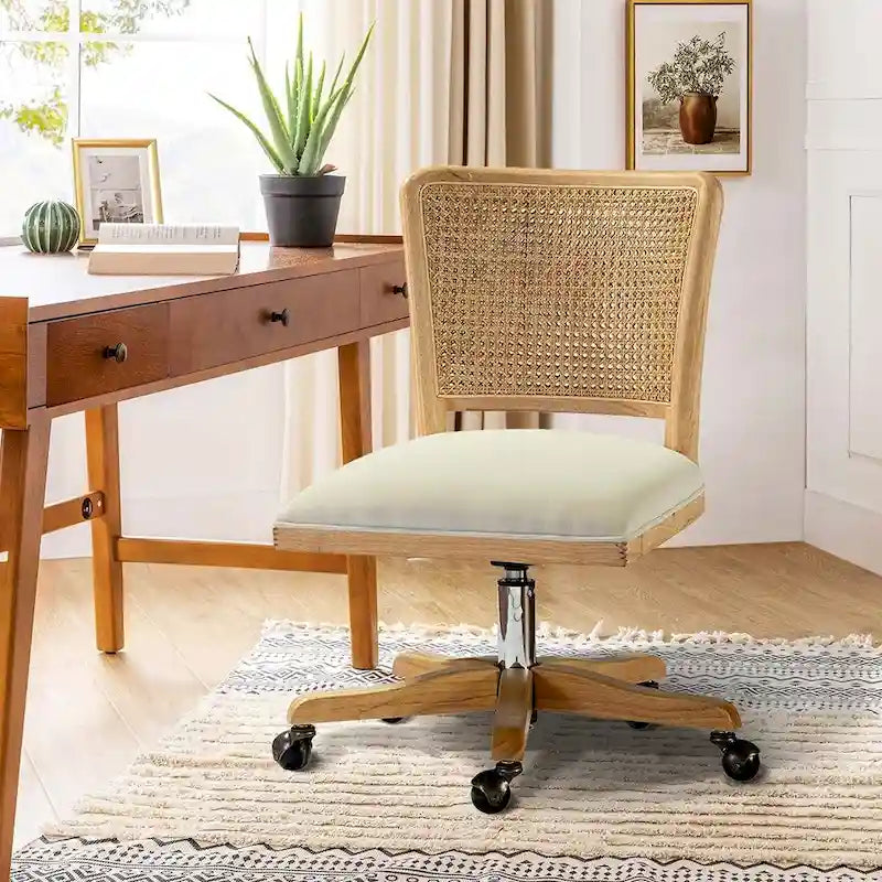 Modern Rattan Back Task Chair with Solid Wood Legs