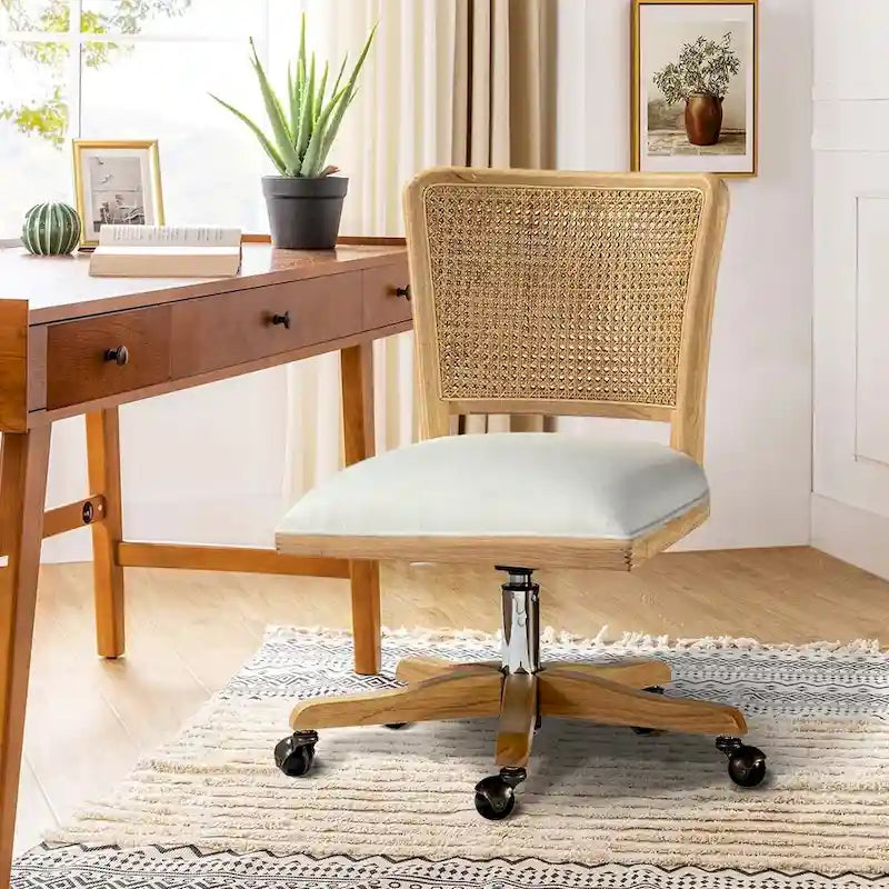 Modern Rattan Back Task Chair with Solid Wood Legs