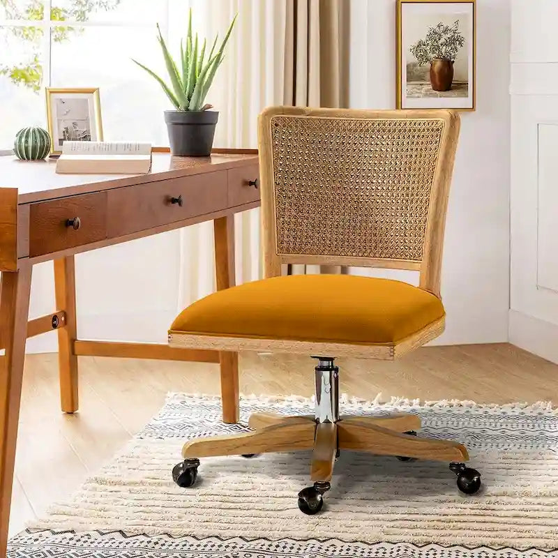 Modern Rattan Back Task Chair with Solid Wood Legs