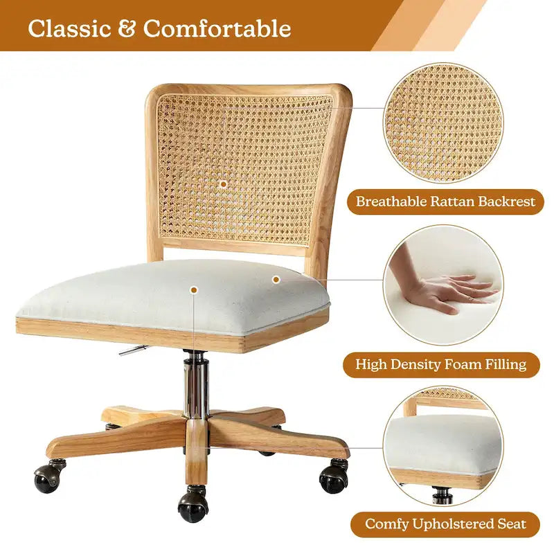 Modern Rattan Back Task Chair with Solid Wood Legs