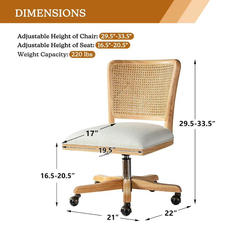 Modern Rattan Back Task Chair with Solid Wood Legs