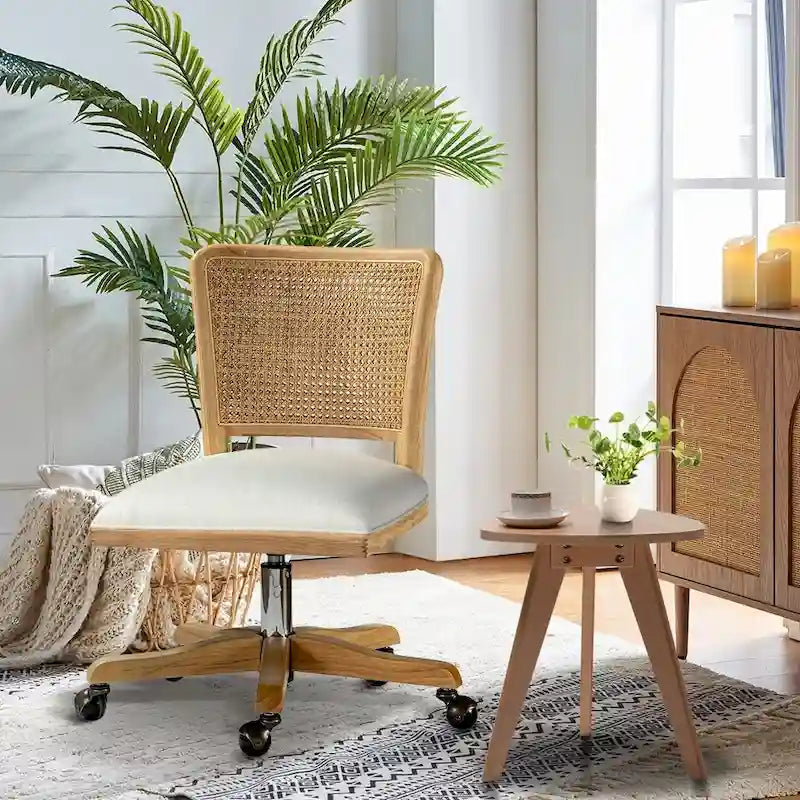 Modern Rattan Back Task Chair with Solid Wood Legs