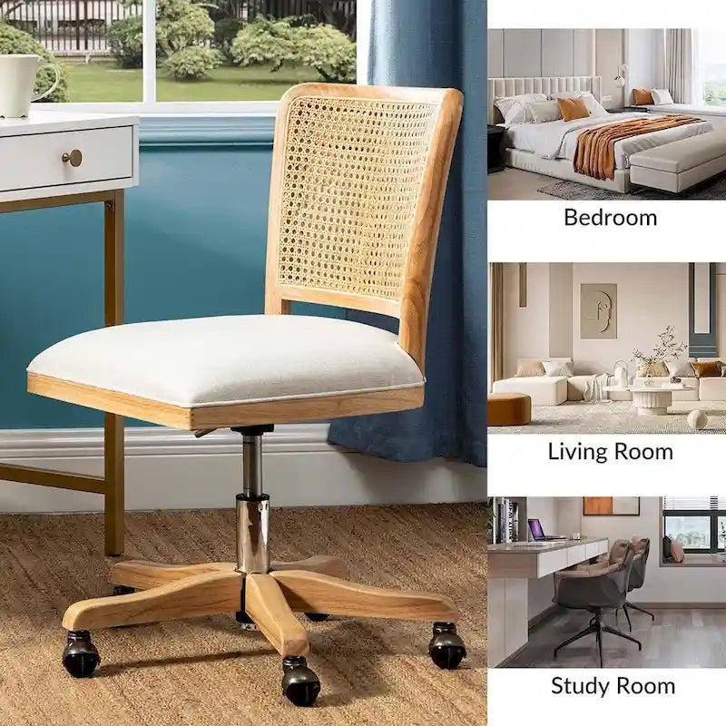 Modern Rattan Back Task Chair with Solid Wood Legs