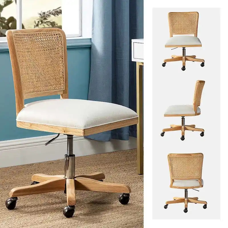 Modern Rattan Back Task Chair with Solid Wood Legs