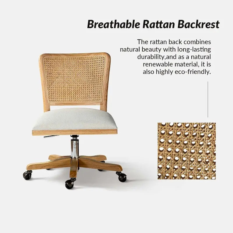 Modern Rattan Back Task Chair with Solid Wood Legs