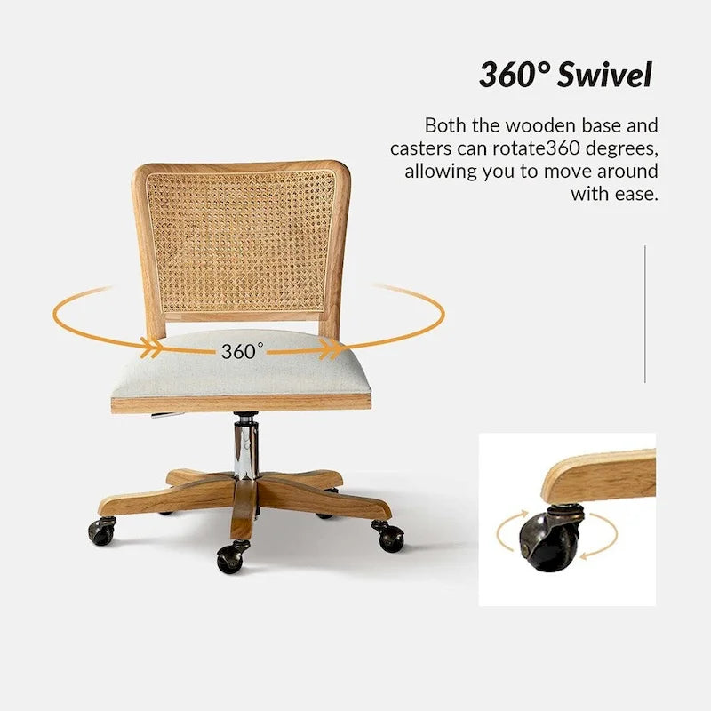 Modern Rattan Back Task Chair with Solid Wood Legs