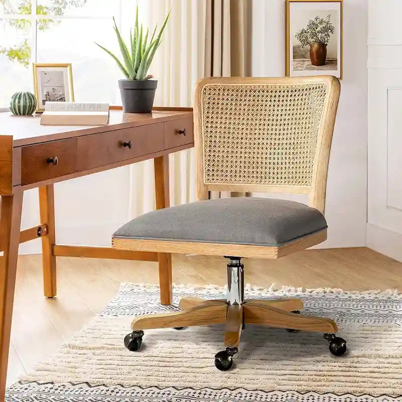 Modern Rattan Back Task Chair with Solid Wood Legs