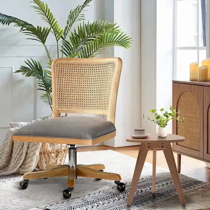 Modern Rattan Back Task Chair with Solid Wood Legs