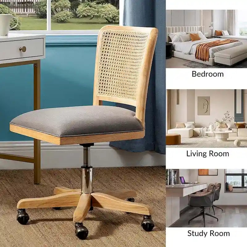 Modern Rattan Back Task Chair with Solid Wood Legs