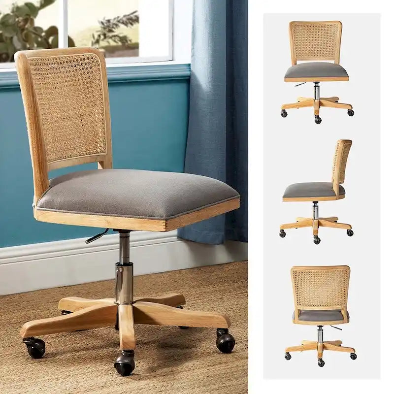 Modern Rattan Back Task Chair with Solid Wood Legs