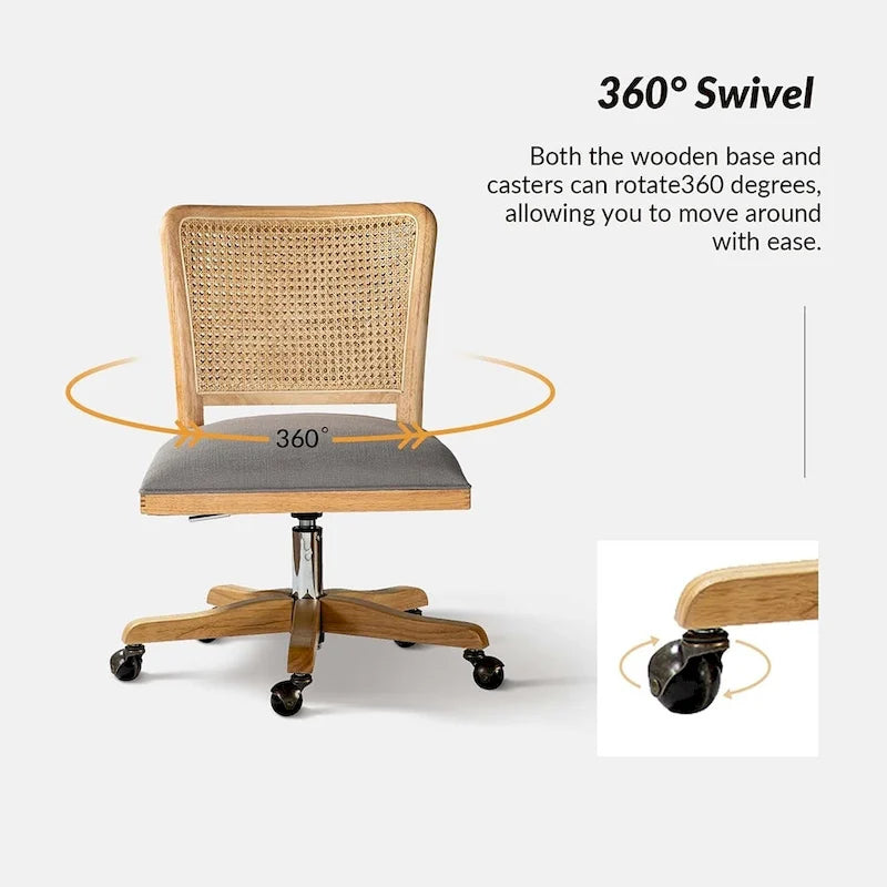 Modern Rattan Back Task Chair with Solid Wood Legs