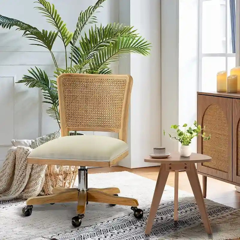 Modern Rattan Back Task Chair with Solid Wood Legs