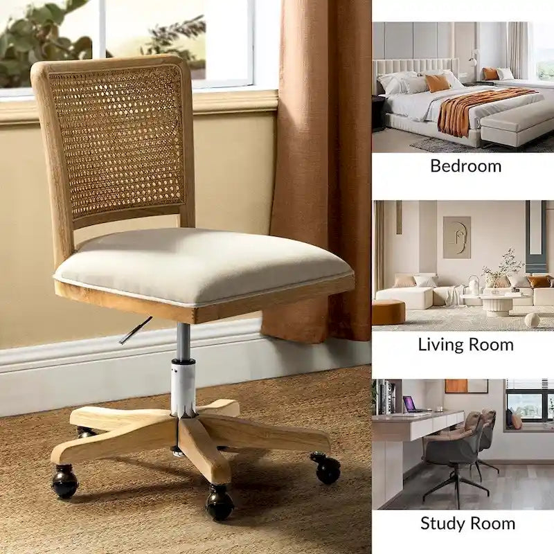 Modern Rattan Back Task Chair with Solid Wood Legs