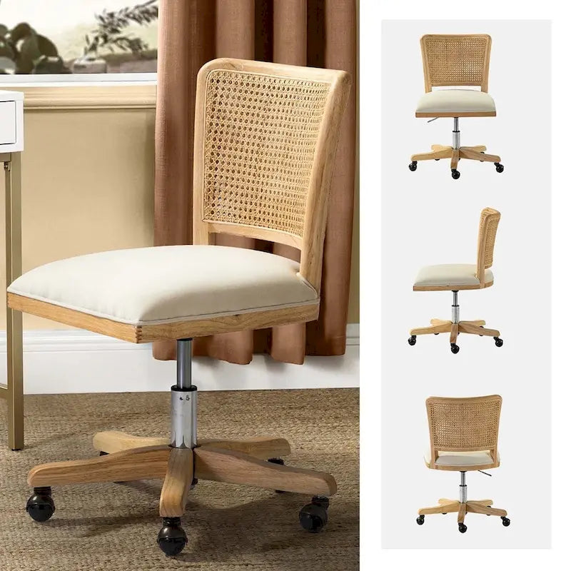 Modern Rattan Back Task Chair with Solid Wood Legs