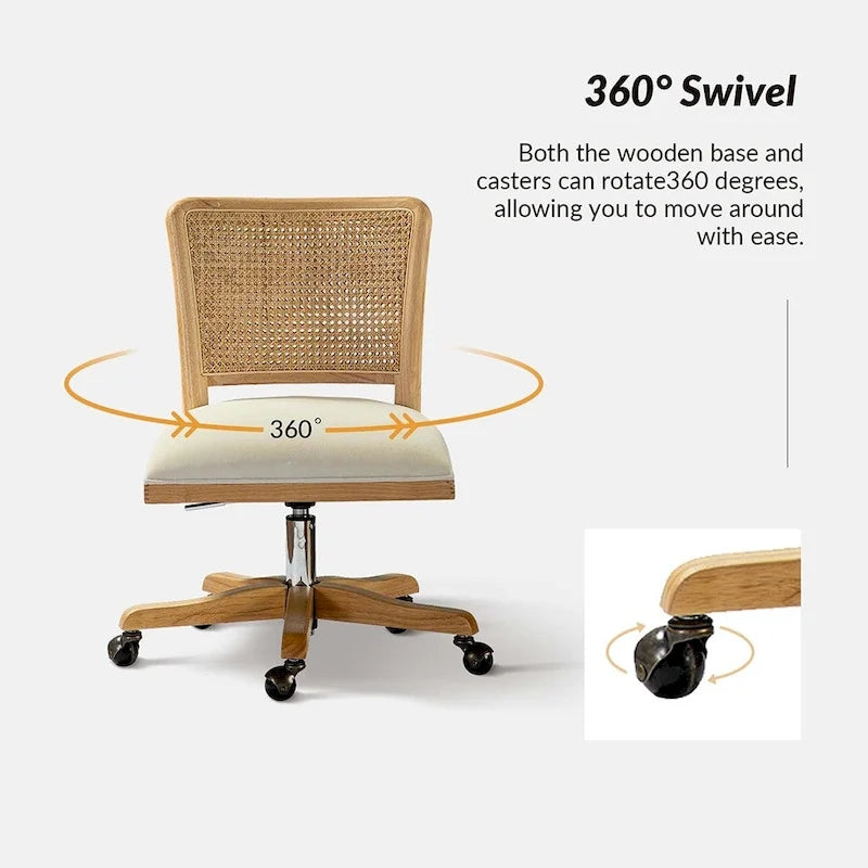 Modern Rattan Back Task Chair with Solid Wood Legs