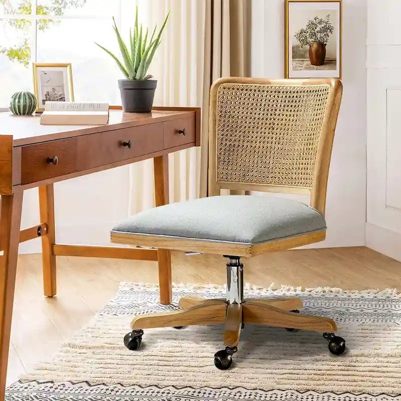 Modern Rattan Back Task Chair with Solid Wood Legs