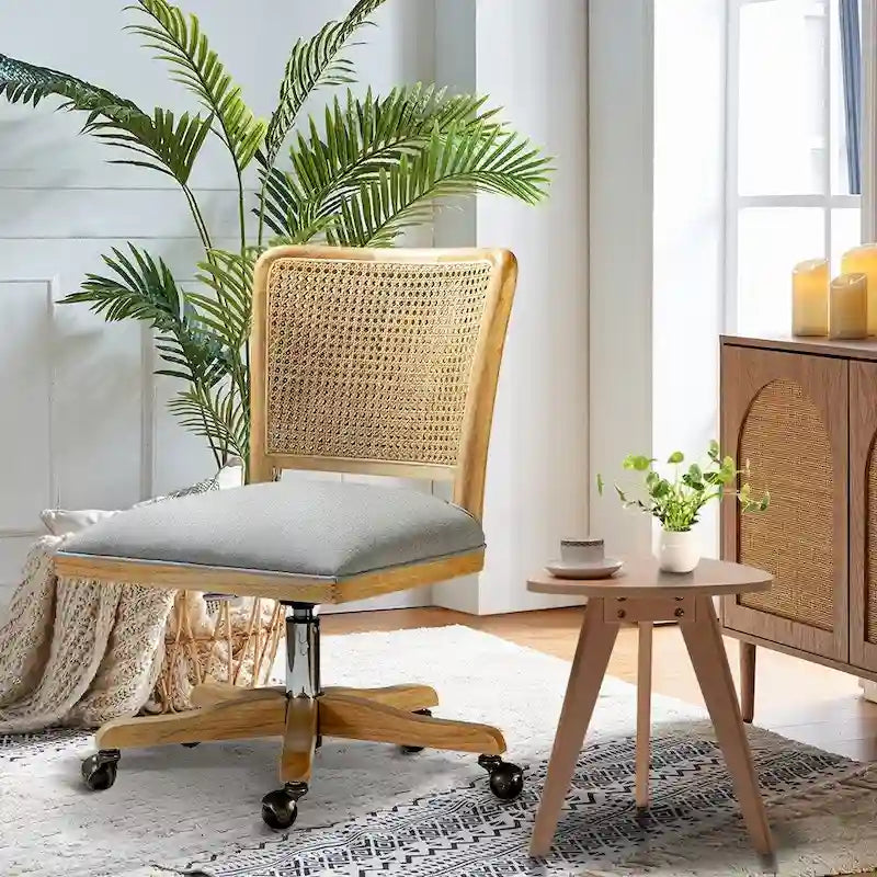 Modern Rattan Back Task Chair with Solid Wood Legs