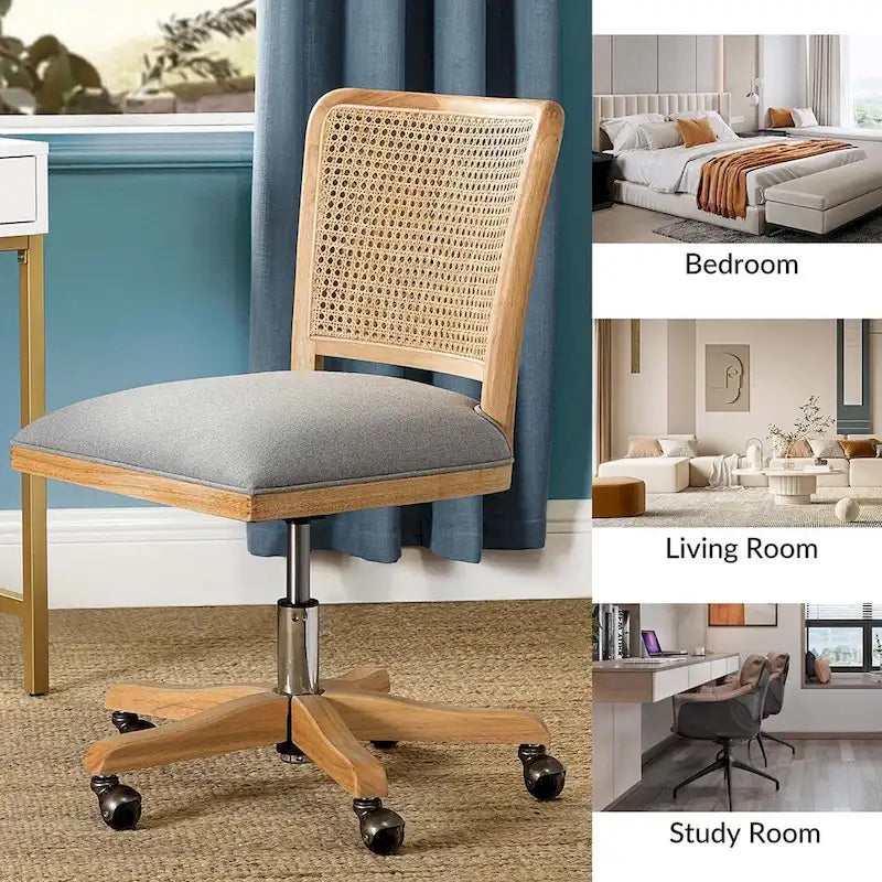 Modern Rattan Back Task Chair with Solid Wood Legs