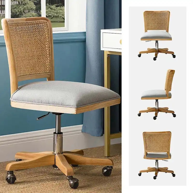 Modern Rattan Back Task Chair with Solid Wood Legs