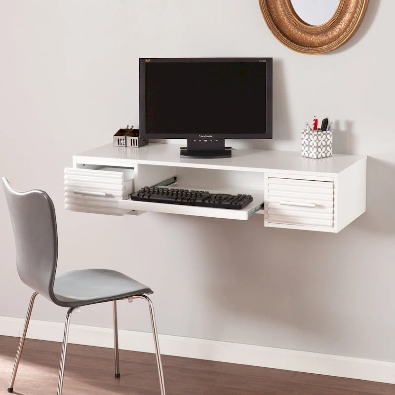 Modern White 2-drawer Floating Wall-mount Desk