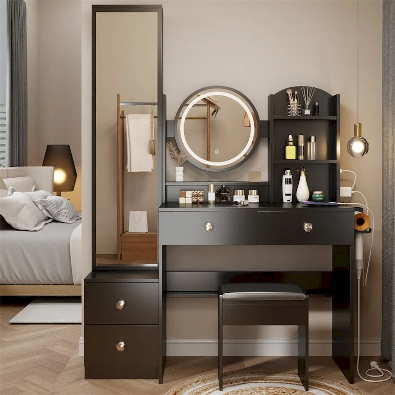 LED Mirror Vanity Table w/ Cushioned Stool & 2 AC+2 USB Power Station
