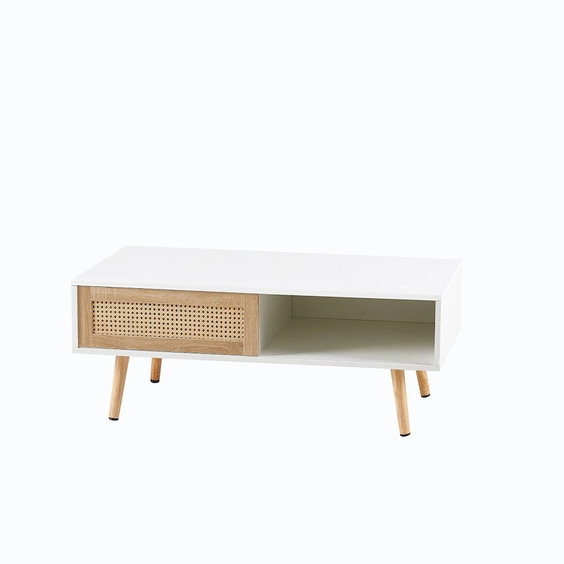 Modern Coffee Table, Rectangle Wooden Coffee Table with Rattan Woven Door Panel and Solid Wood Legs