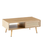 Modern Coffee Table, Rectangle Wooden Coffee Table with Rattan Woven Door Panel and Solid Wood Legs