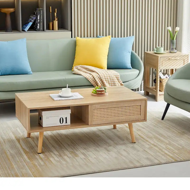 Modern Coffee Table, Rectangle Wooden Coffee Table with Rattan Woven Door Panel and Solid Wood Legs
